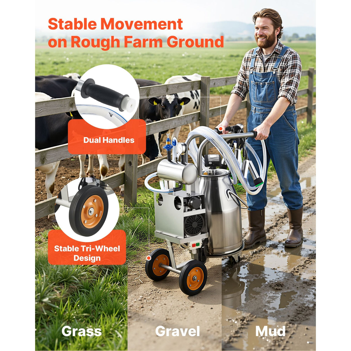 Electric Cow Milking Machine, 6.6 Gal / 25 L 304 Stainless Steel Bucket, Food-Grade Teat Cups and Silicone Hose, Strong Suction, Vacuum Pulsation, Electric Milker Machine with Wheels for Cow