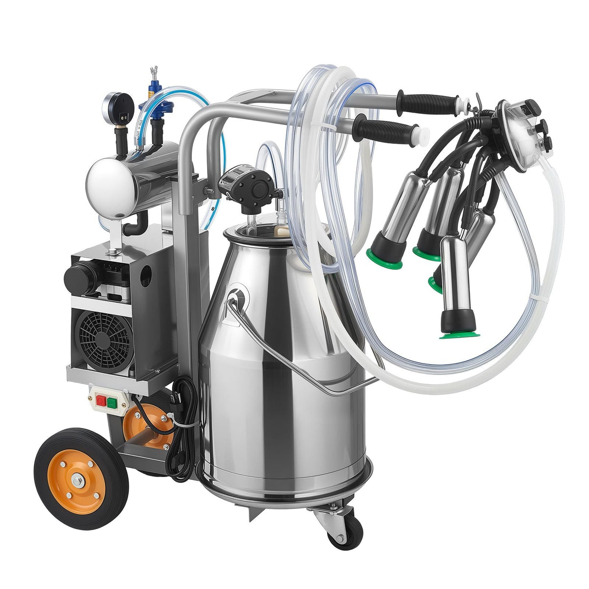 Electric Cow Milking Machine, 6.6 Gal / 25 L 304 Stainless Steel Bucket, Food-Grade Teat Cups and Silicone Hose, Strong Suction, Vacuum Pulsation, Electric Milker Machine with Wheels for Cow