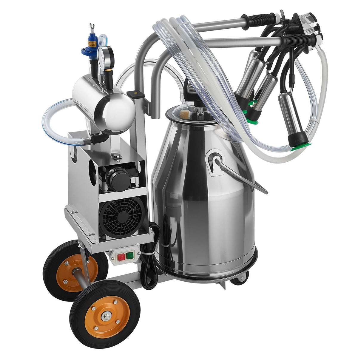 Electric Cow Milking Machine, 6.6 Gal / 25 L 304 Stainless Steel Bucket, Food-Grade Teat Cups and Silicone Hose, Strong Suction, Vacuum Pulsation, Electric Milker Machine with Wheels for Cow