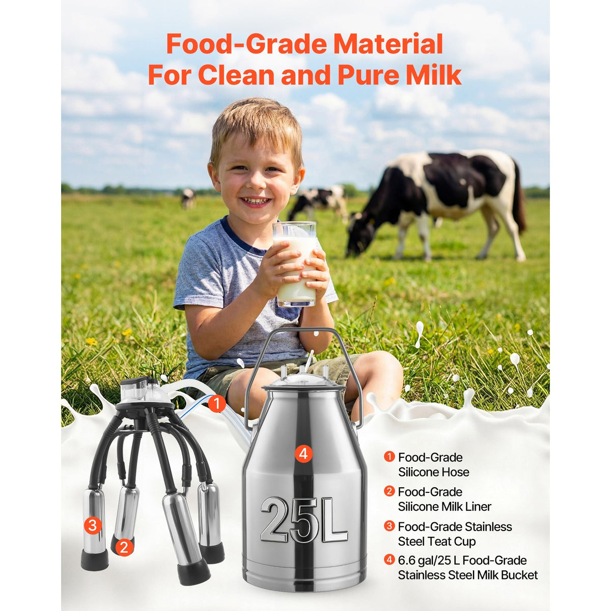 Electric Cow Milking Machine, 6.6 Gal / 25 L 304 Stainless Steel Bucket, Food-Grade Teat Cups and Silicone Hose, Strong Suction, Vacuum Pulsation, Electric Milker Machine with Wheels for Cow