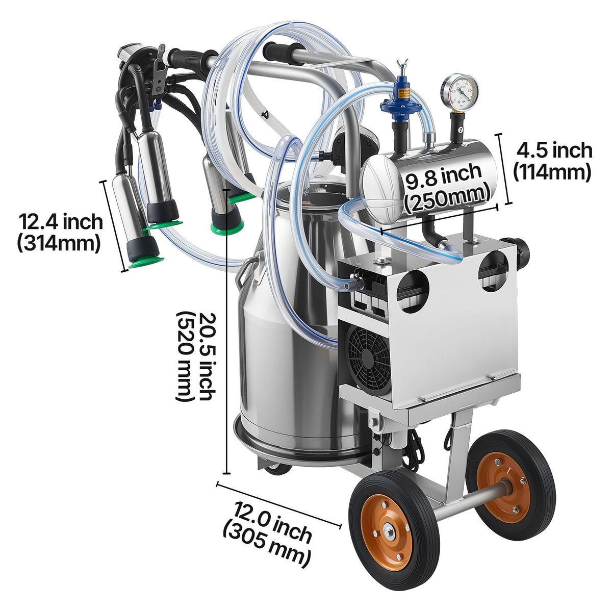 Electric Cow Milking Machine, 6.6 Gal / 25 L 304 Stainless Steel Bucket, Food-Grade Teat Cups and Silicone Hose, Strong Suction, Vacuum Pulsation, Electric Milker Machine with Wheels for Cow