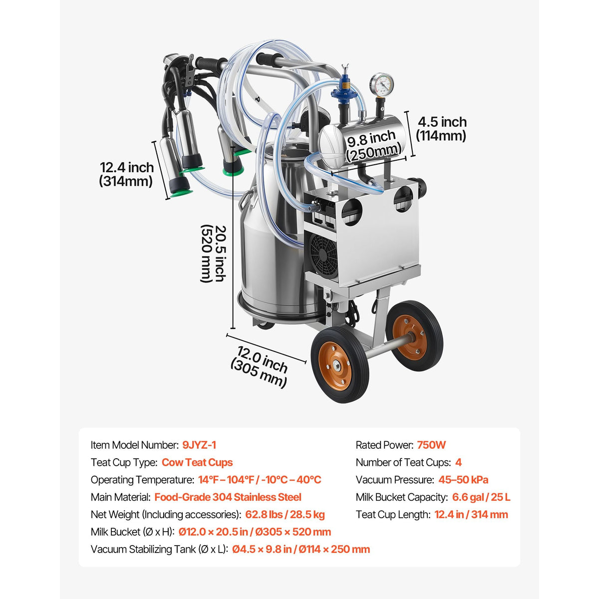 Electric Cow Milking Machine, 6.6 Gal / 25 L 304 Stainless Steel Bucket, Food-Grade Teat Cups and Silicone Hose, Strong Suction, Vacuum Pulsation, Electric Milker Machine with Wheels for Cow