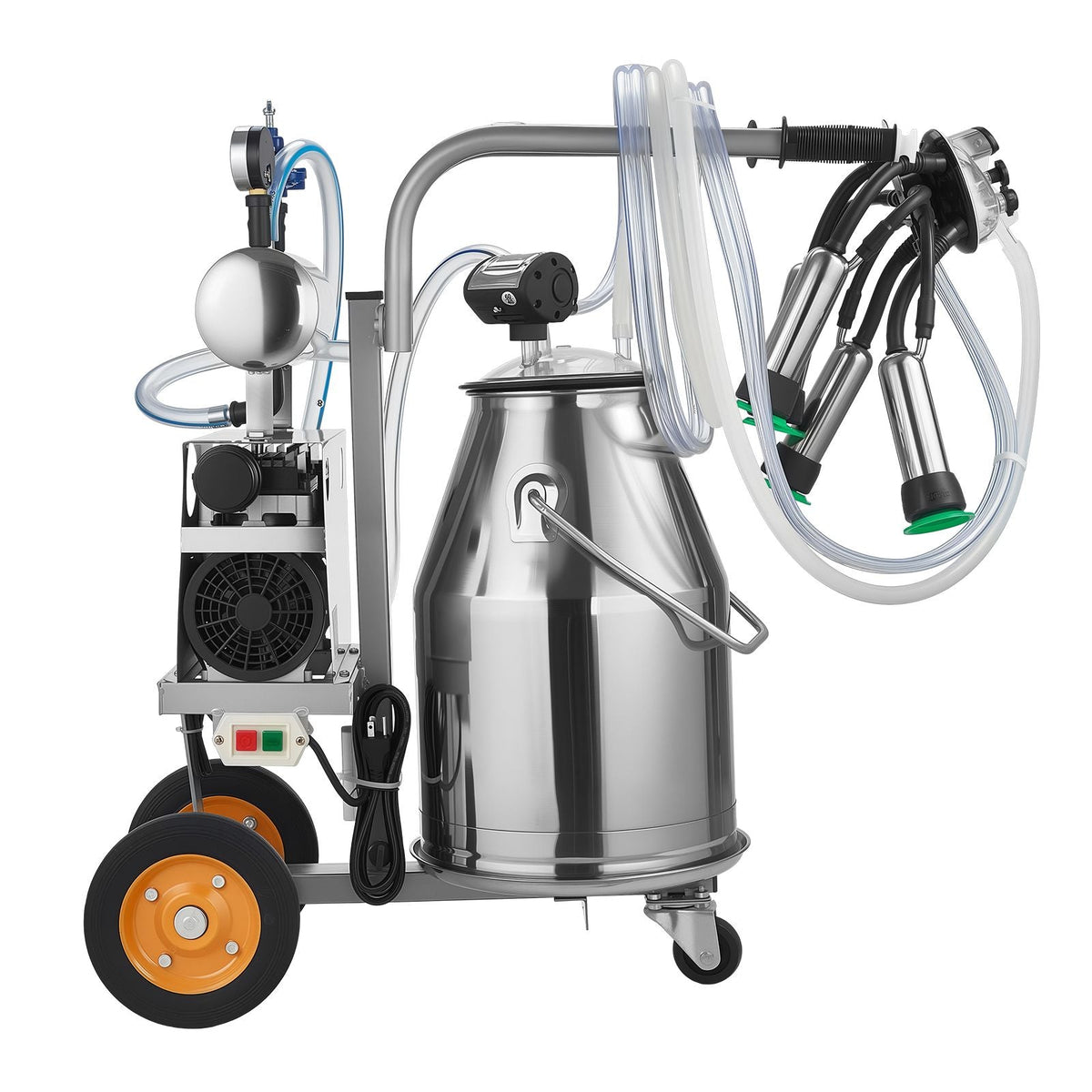 Electric Cow Milking Machine, 6.6 Gal / 25 L 304 Stainless Steel Bucket, Food-Grade Teat Cups and Silicone Hose, Strong Suction, Vacuum Pulsation, Electric Milker Machine with Wheels for Cow