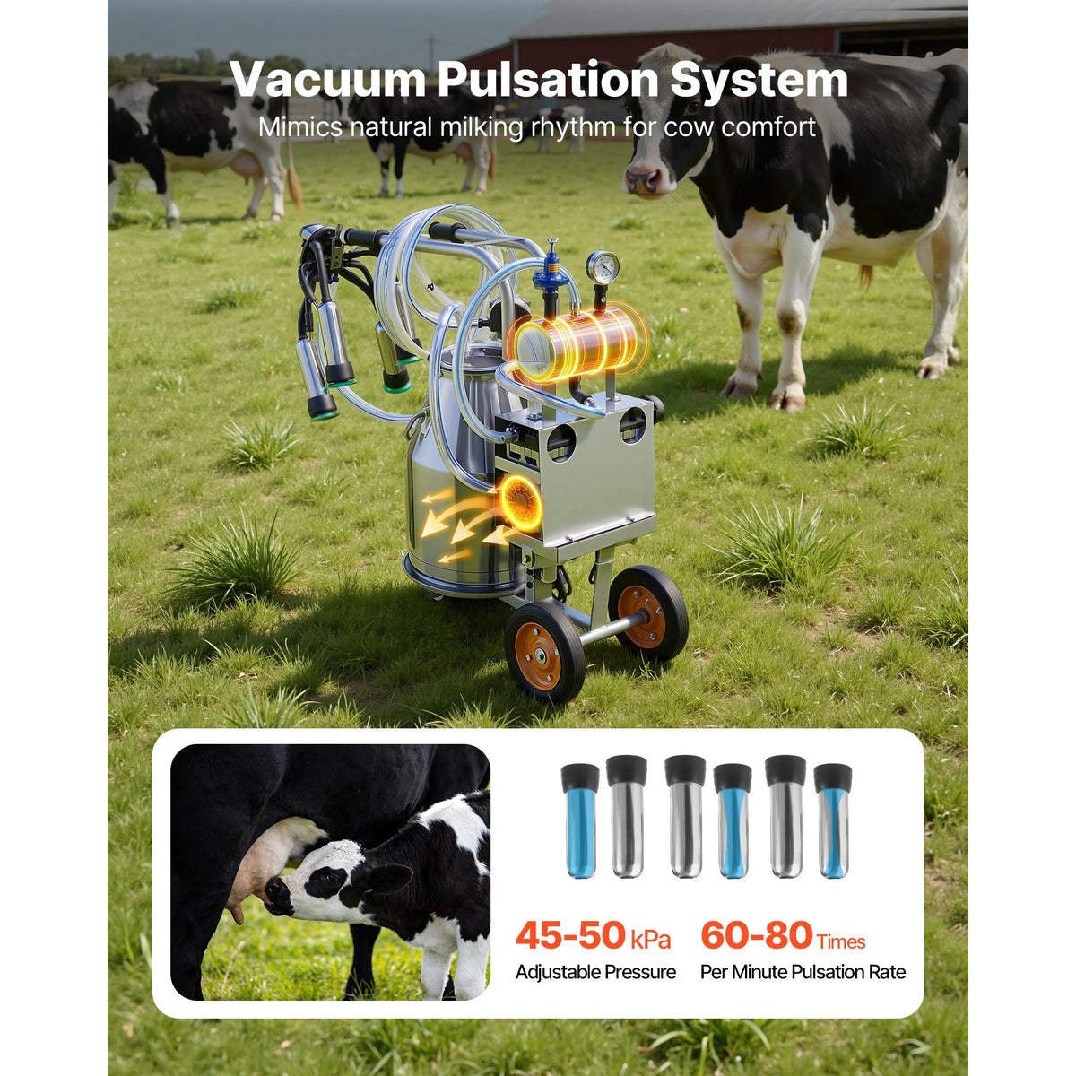 Electric Cow Milking Machine, 6.6 Gal / 25 L 304 Stainless Steel Bucket, Food-Grade Teat Cups and Silicone Hose, Strong Suction, Vacuum Pulsation, Electric Milker Machine with Wheels for Cow