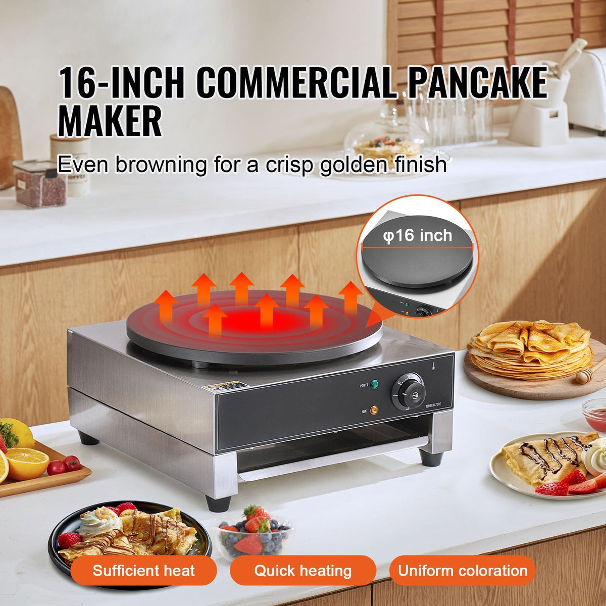 Electric Crepe Maker, 16-Inch Commercial Crepe Machine, 1700W Flat Plate Crepe Griddle, Nonstick Stainless Steel Pancake Making Machine, Desktop Circular Cereals Pancake Stove with Temp Control