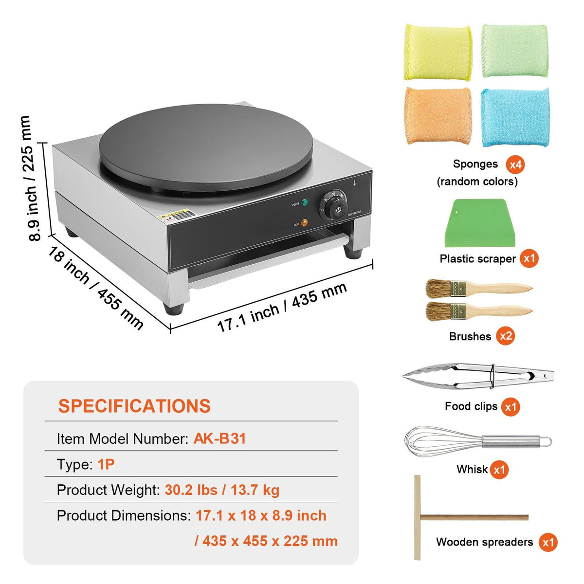 Electric Crepe Maker, 16-Inch Commercial Crepe Machine, 1700W Flat Plate Crepe Griddle, Nonstick Stainless Steel Pancake Making Machine, Desktop Circular Cereals Pancake Stove with Temp Control