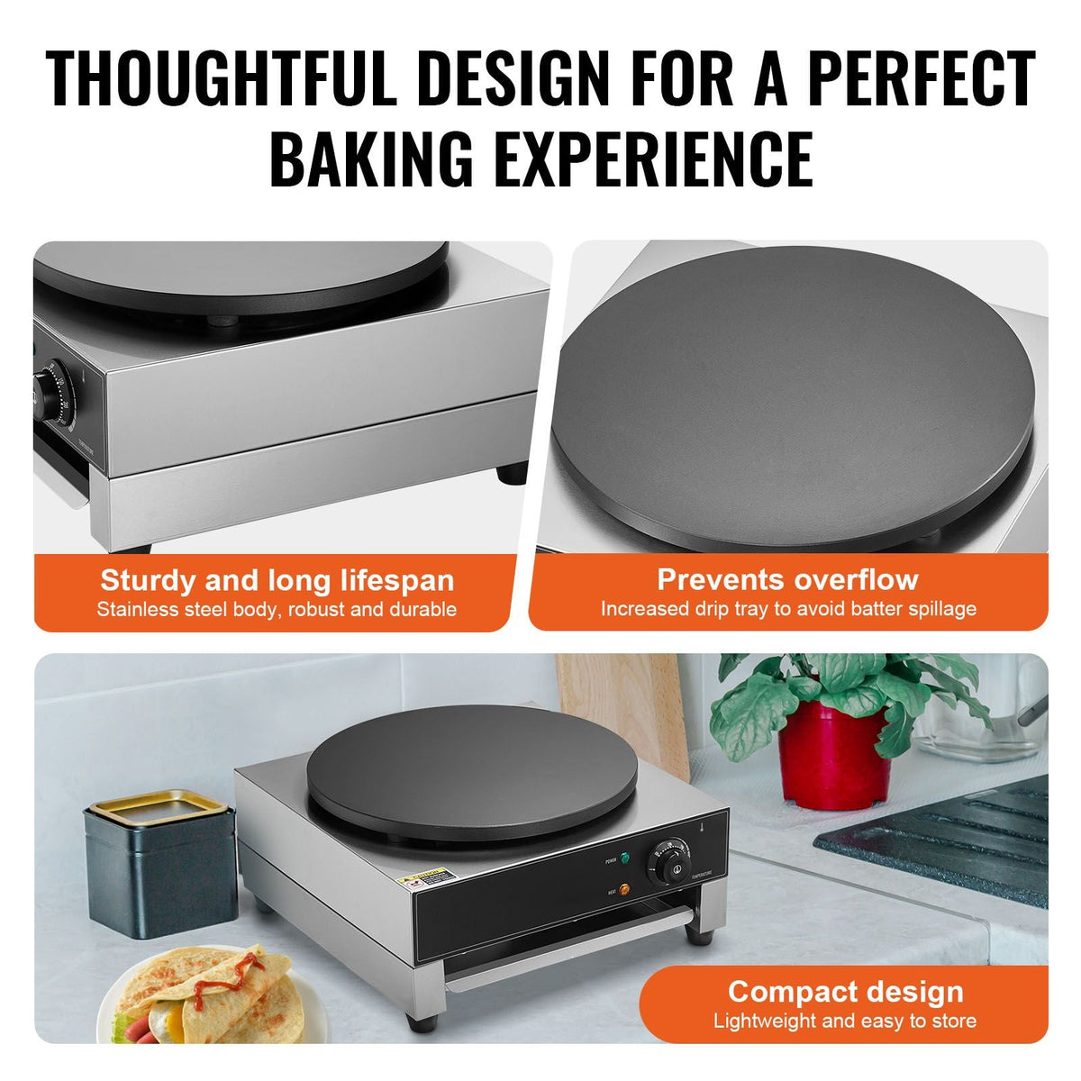 Electric Crepe Maker, 16-Inch Commercial Crepe Machine, 1700W Flat Plate Crepe Griddle, Nonstick Stainless Steel Pancake Making Machine, Desktop Circular Cereals Pancake Stove with Temp Control