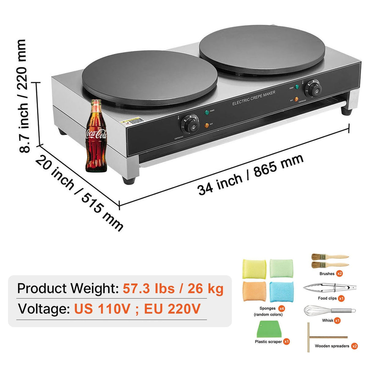 Electric Crepe Maker, 16-Inch Double Head Commercial Crepe Machine, 3400W Flat Plate Crepe Griddle, Nonstick Stainless Steel Pancake Making, Desktop Circular Cereals Pancake Stove, AC120V 60Hz