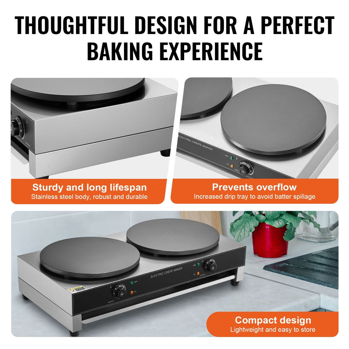 Electric Crepe Maker, 16-Inch Double Head Commercial Crepe Machine, 3400W Flat Plate Crepe Griddle, Nonstick Stainless Steel Pancake Making, Desktop Circular Cereals Pancake Stove, AC120V 60Hz