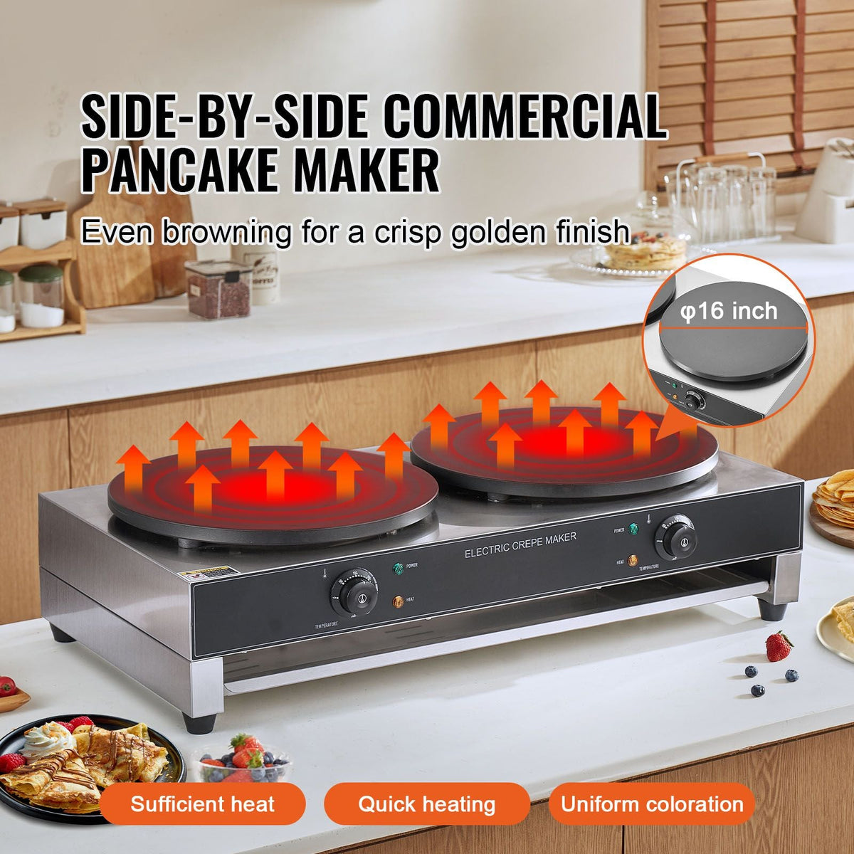 Electric Crepe Maker, 16-Inch Double Head Commercial Crepe Machine, 3400W Flat Plate Crepe Griddle, Nonstick Stainless Steel Pancake Making, Desktop Circular Cereals Pancake Stove, AC120V 60Hz