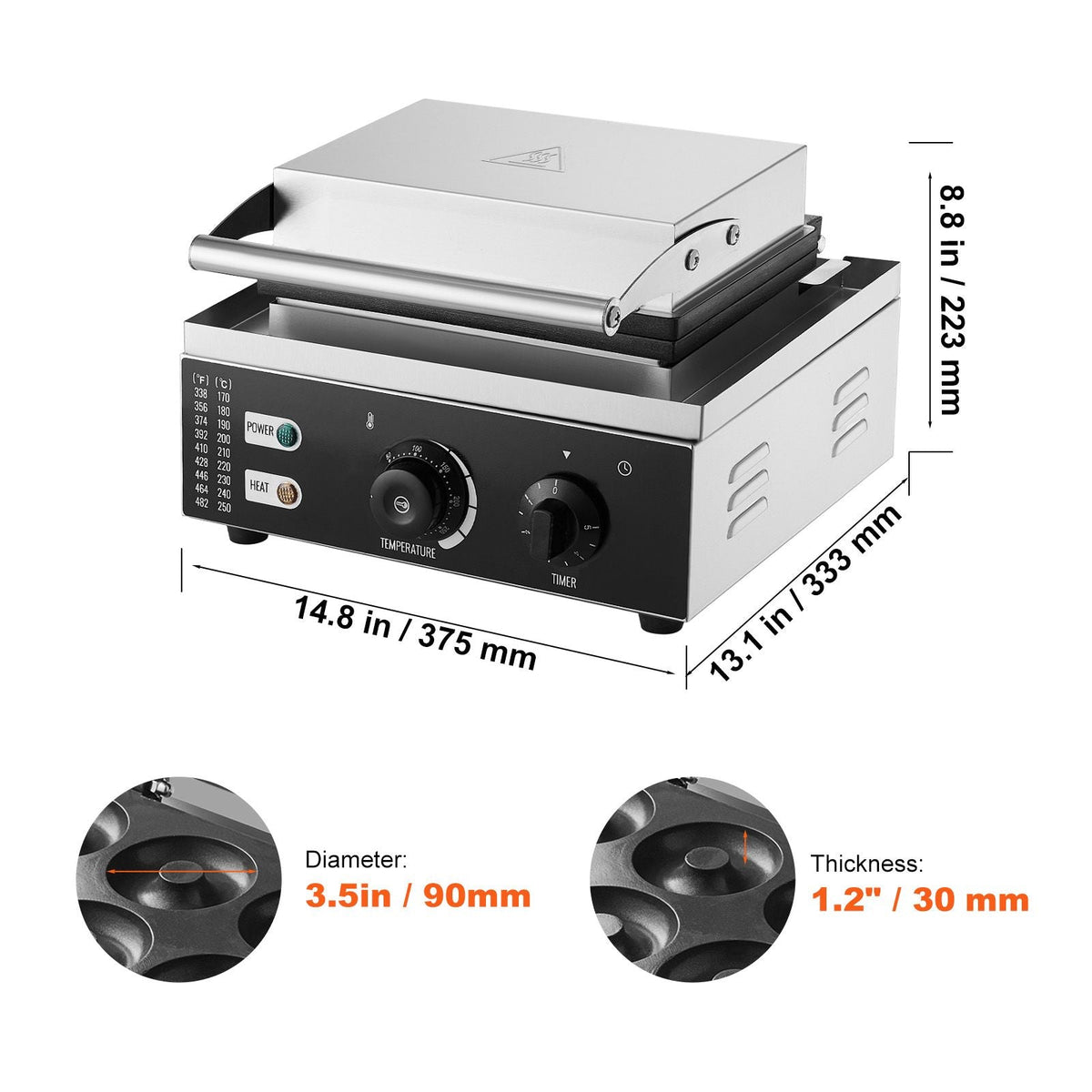 Electric Donut Maker, 1550W Commercial Doughnut Machine with Non-stick Surface, 12 Hole Double-Sided Heating Waffle Machine Makes 12 Doughnuts, Temperature 122-572 F, for Restaurant & Home Use