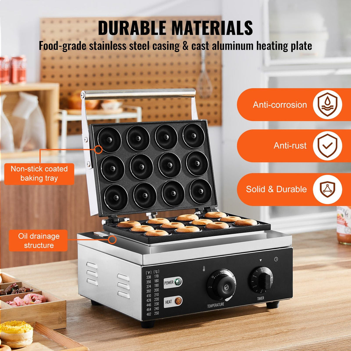 Electric Donut Maker, 1550W Commercial Doughnut Machine with Non-stick Surface, 12 Hole Double-Sided Heating Waffle Machine Makes 12 Doughnuts, Temperature 122-572 F, for Restaurant & Home Use