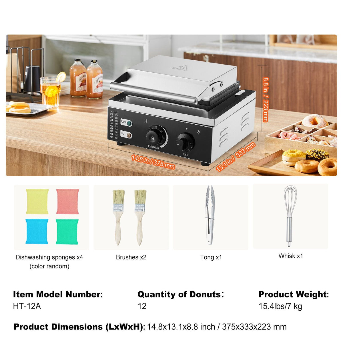 Electric Donut Maker, 1550W Commercial Doughnut Machine with Non-stick Surface, 12 Hole Double-Sided Heating Waffle Machine Makes 12 Doughnuts, Temperature 122-572 F, for Restaurant & Home Use