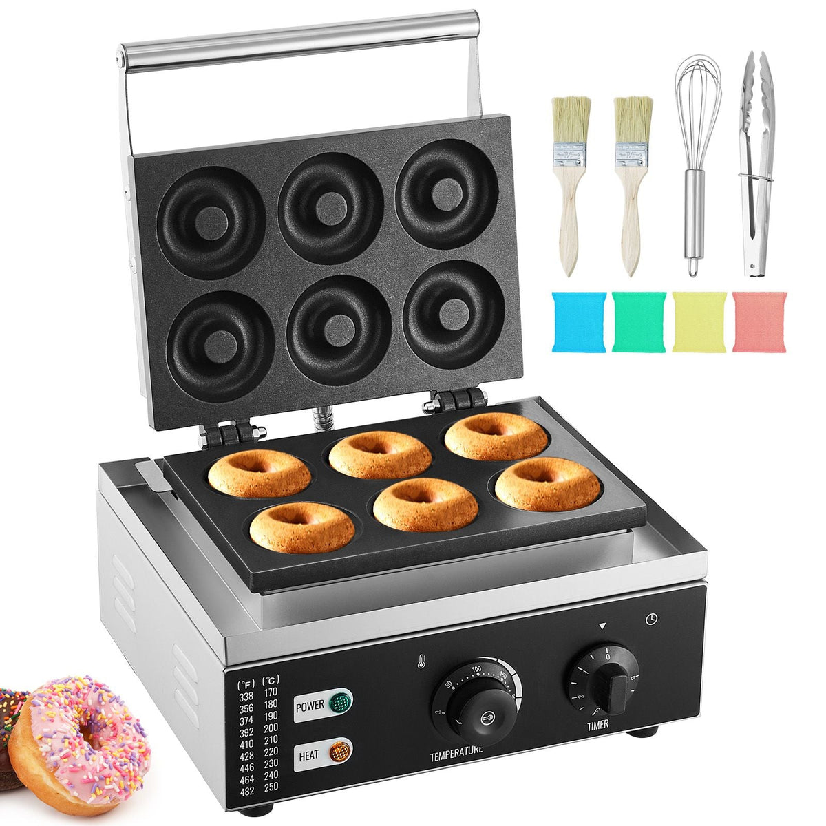 Electric Donut Maker, 1550W Commercial Doughnut Machine with Non-stick Surface, 6 Holes Double-Sided Heating Waffle Machine Makes 6 Doughnuts, Temperature 122-572 F, for Restaurant and Home Use