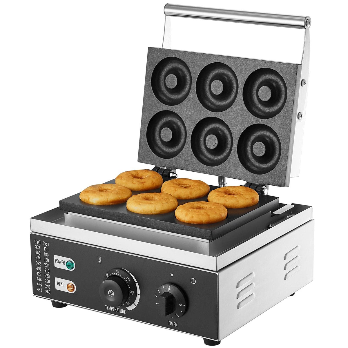 Electric Donut Maker, 1550W Commercial Doughnut Machine with Non-stick Surface, 6 Holes Double-Sided Heating Waffle Machine Makes 6 Doughnuts, Temperature 122-572 F, for Restaurant and Home Use