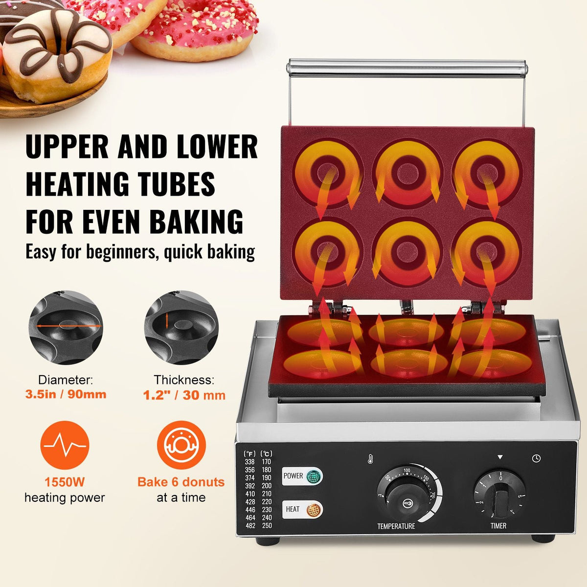 Electric Donut Maker, 1550W Commercial Doughnut Machine with Non-stick Surface, 6 Holes Double-Sided Heating Waffle Machine Makes 6 Doughnuts, Temperature 122-572 F, for Restaurant and Home Use