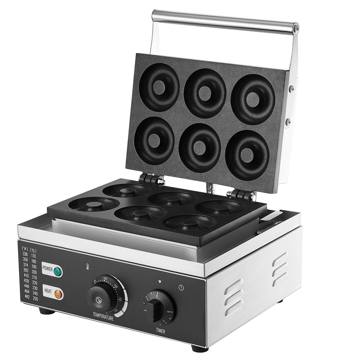 Electric Donut Maker, 1550W Commercial Doughnut Machine with Non-stick Surface, 6 Holes Double-Sided Heating Waffle Machine Makes 6 Doughnuts, Temperature 122-572 F, for Restaurant and Home Use