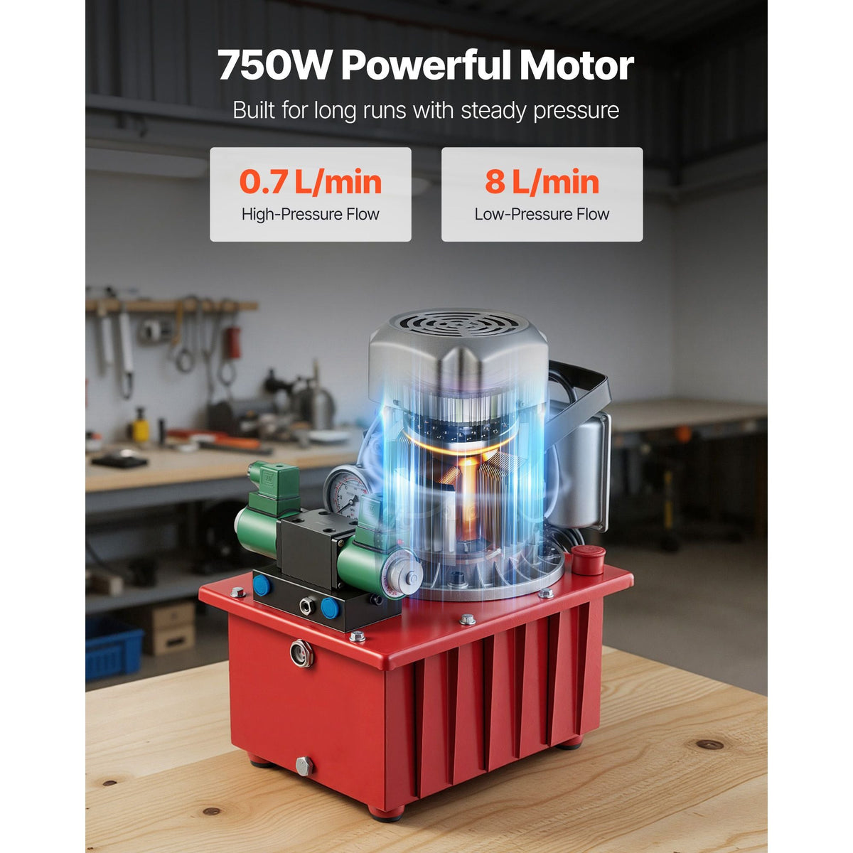 Electric Driven Hydraulic Pump, 750W 10,000 PSI, 120V Double Acting Hydraulic Pump Power Pack Unit, Solenoid Valve with Pedal Switch, 2.1 Gal / 8L, for Punching, Bending, Double Acting Cylinders