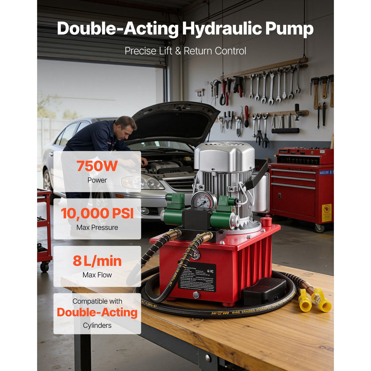 Electric Driven Hydraulic Pump, 750W 10,000 PSI, 120V Double Acting Hydraulic Pump Power Pack Unit, Solenoid Valve with Pedal Switch, 2.1 Gal / 8L, for Punching, Bending, Double Acting Cylinders