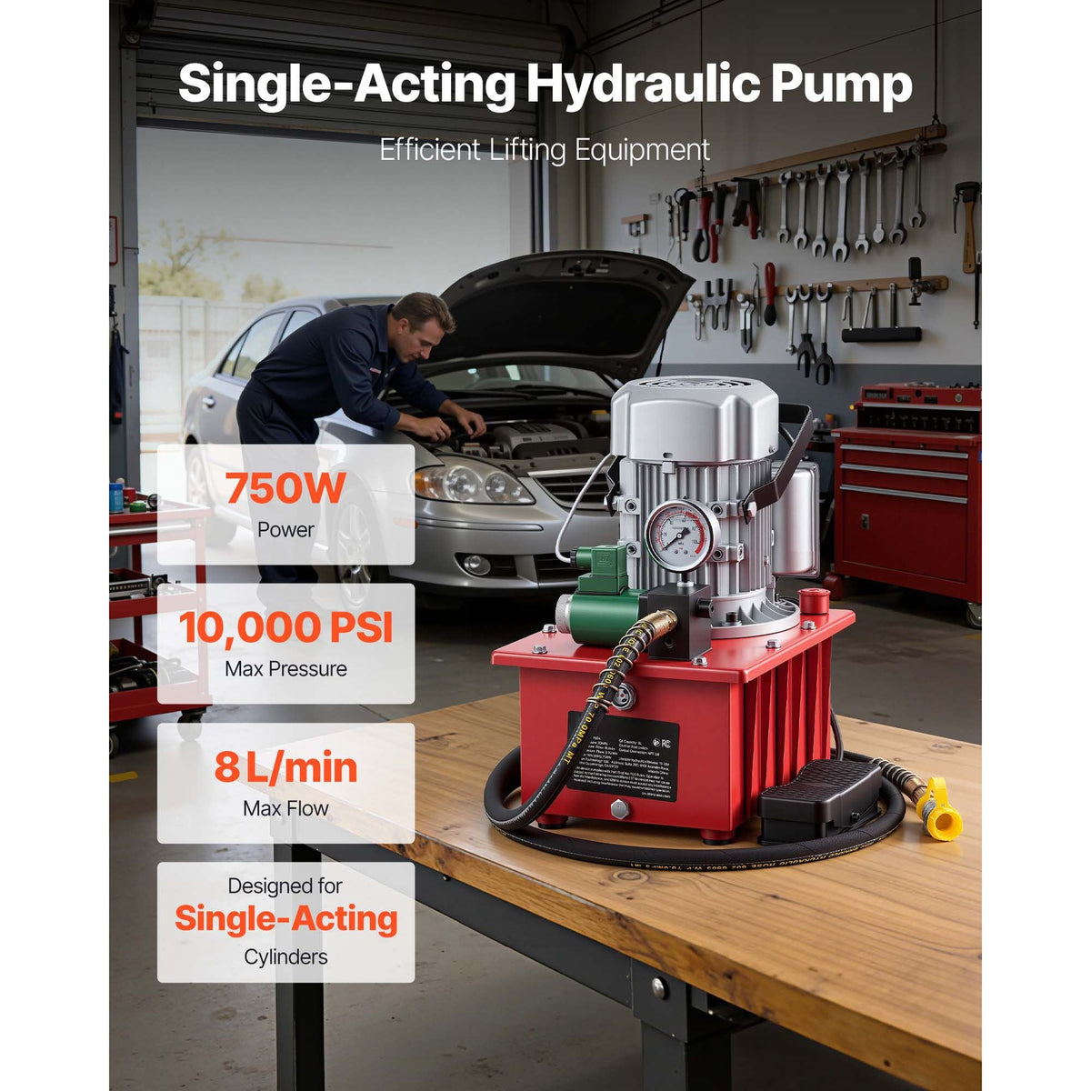 Electric Driven Hydraulic Pump, 750W 10,000 PSI, 120V Single Acting Hydraulic Pump Power Pack Unit, Solenoid Valve with Pedal Switch, 2.1 Gal / 8L, for Punching, Bending, Single Acting Cylinders