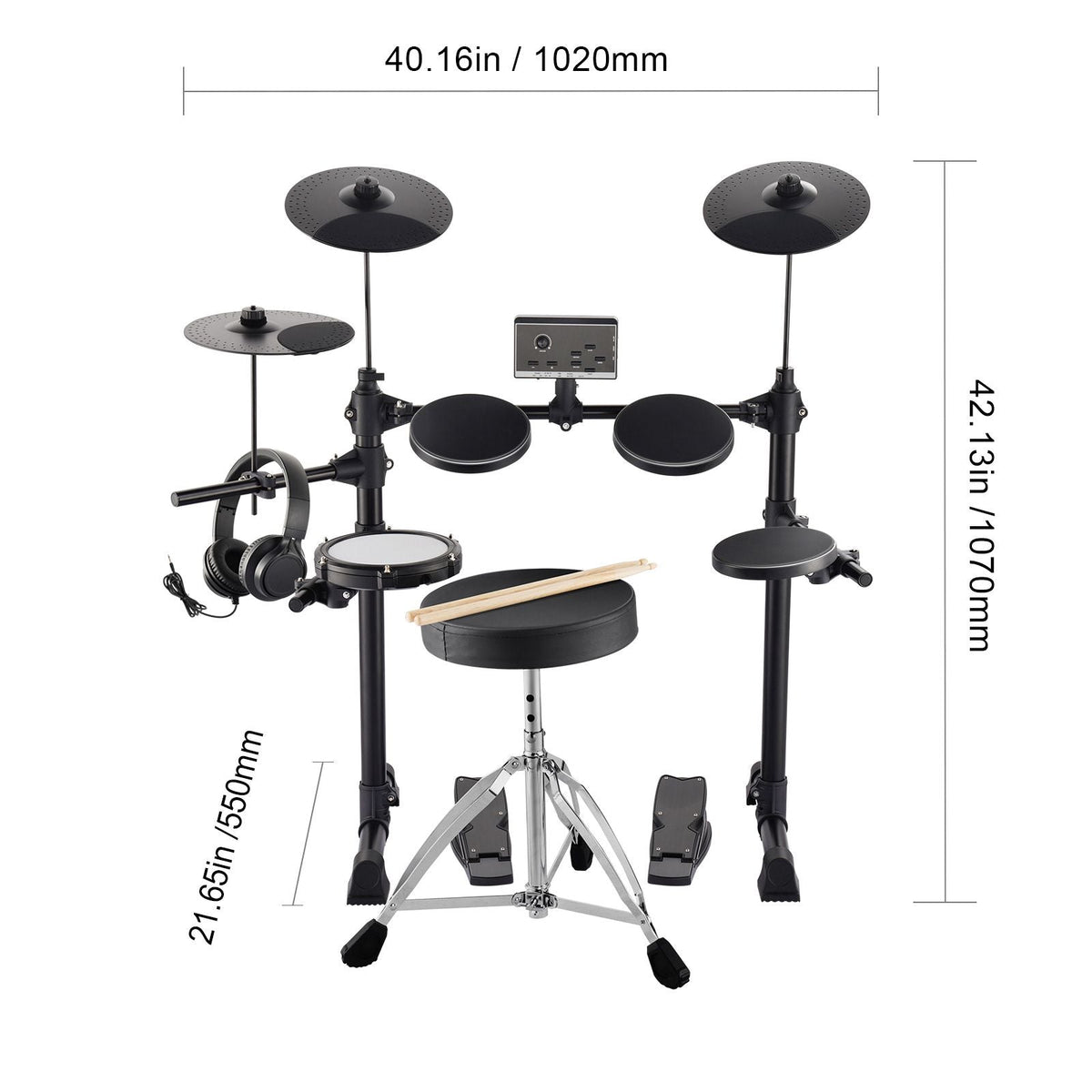 Electric Drum Set, 15 Drum Kits & 150 Sounds Electronic Drum Kit, USB MIDI Supported 6.5 in Quiet Mesh Snare Electric Drum Set with 10 in Cymbals Drum Sticks & Headphone, for Beginners & Adults
