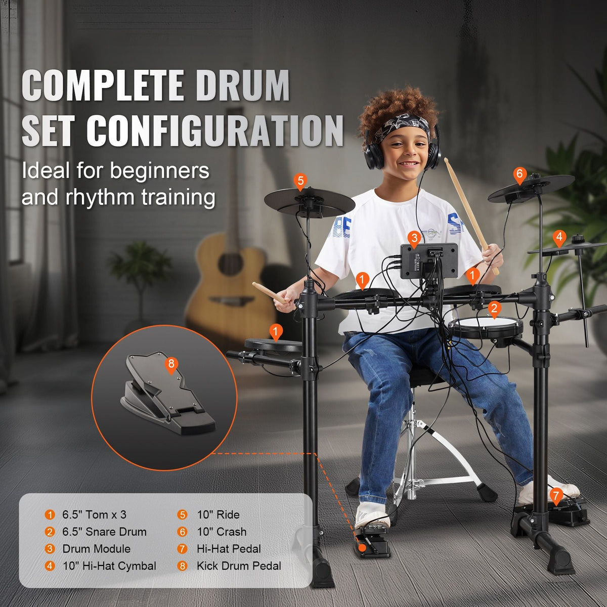 Electric Drum Set, 15 Drum Kits & 150 Sounds Electronic Drum Kit, USB MIDI Supported 6.5 in Quiet Mesh Snare Electric Drum Set with 10 in Cymbals Drum Sticks & Headphone, for Beginners & Adults