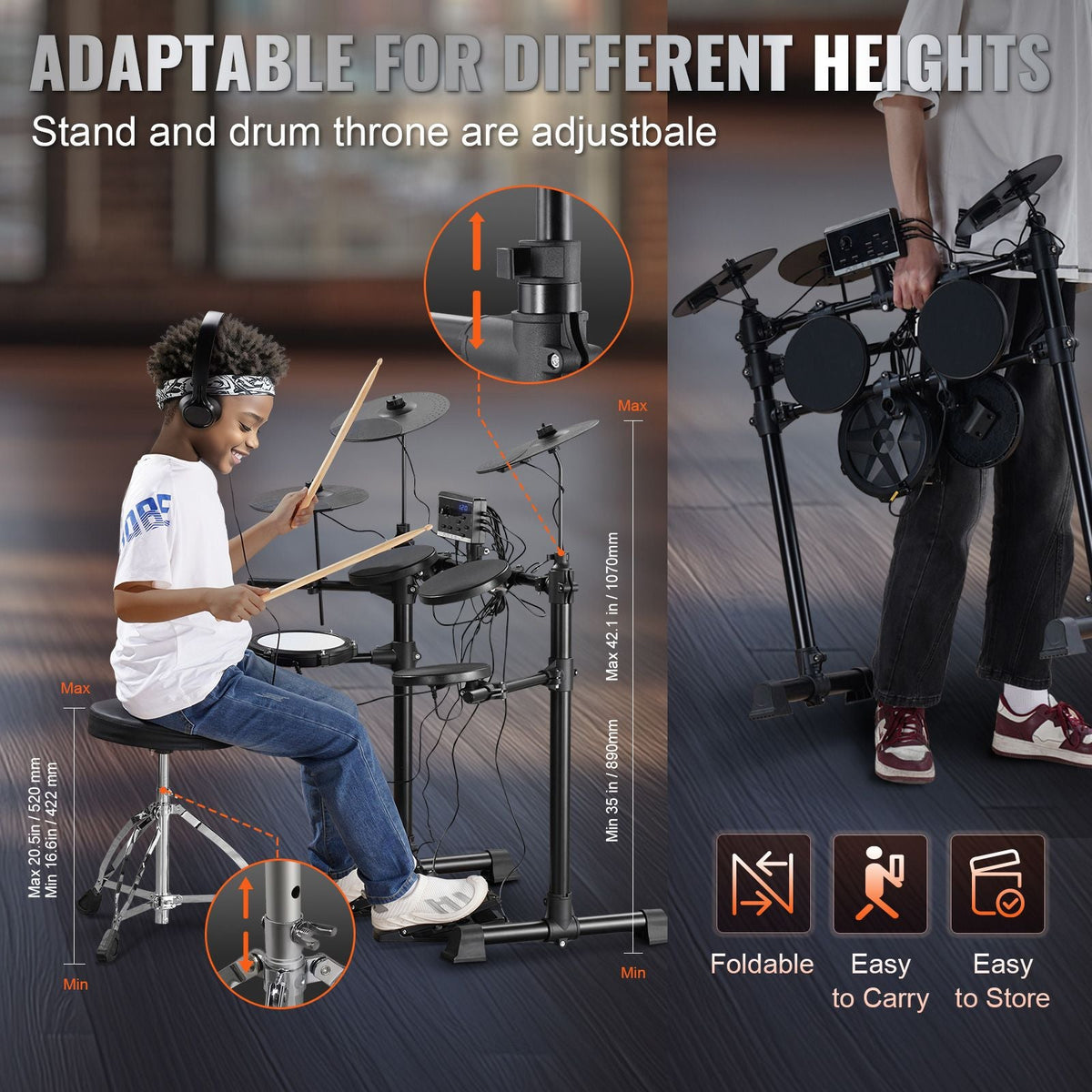 Electric Drum Set, 15 Drum Kits & 150 Sounds Electronic Drum Kit, USB MIDI Supported 6.5 in Quiet Mesh Snare Electric Drum Set with 10 in Cymbals Drum Sticks & Headphone, for Beginners & Adults