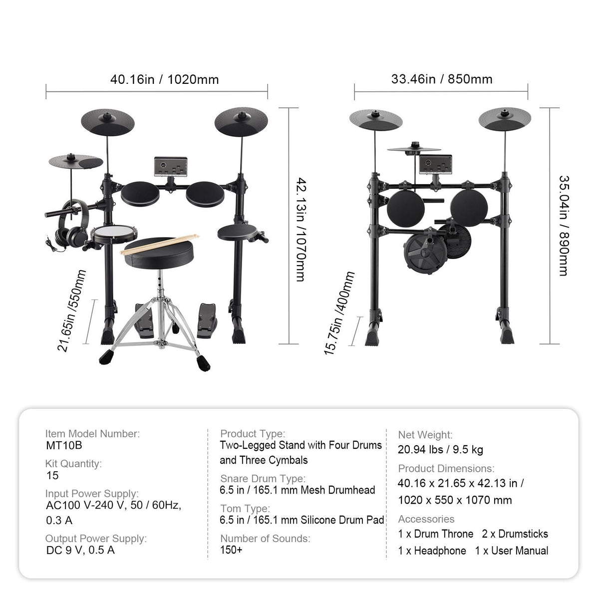 Electric Drum Set, 15 Drum Kits & 150 Sounds Electronic Drum Kit, USB MIDI Supported 6.5 in Quiet Mesh Snare Electric Drum Set with 10 in Cymbals Drum Sticks & Headphone, for Beginners & Adults