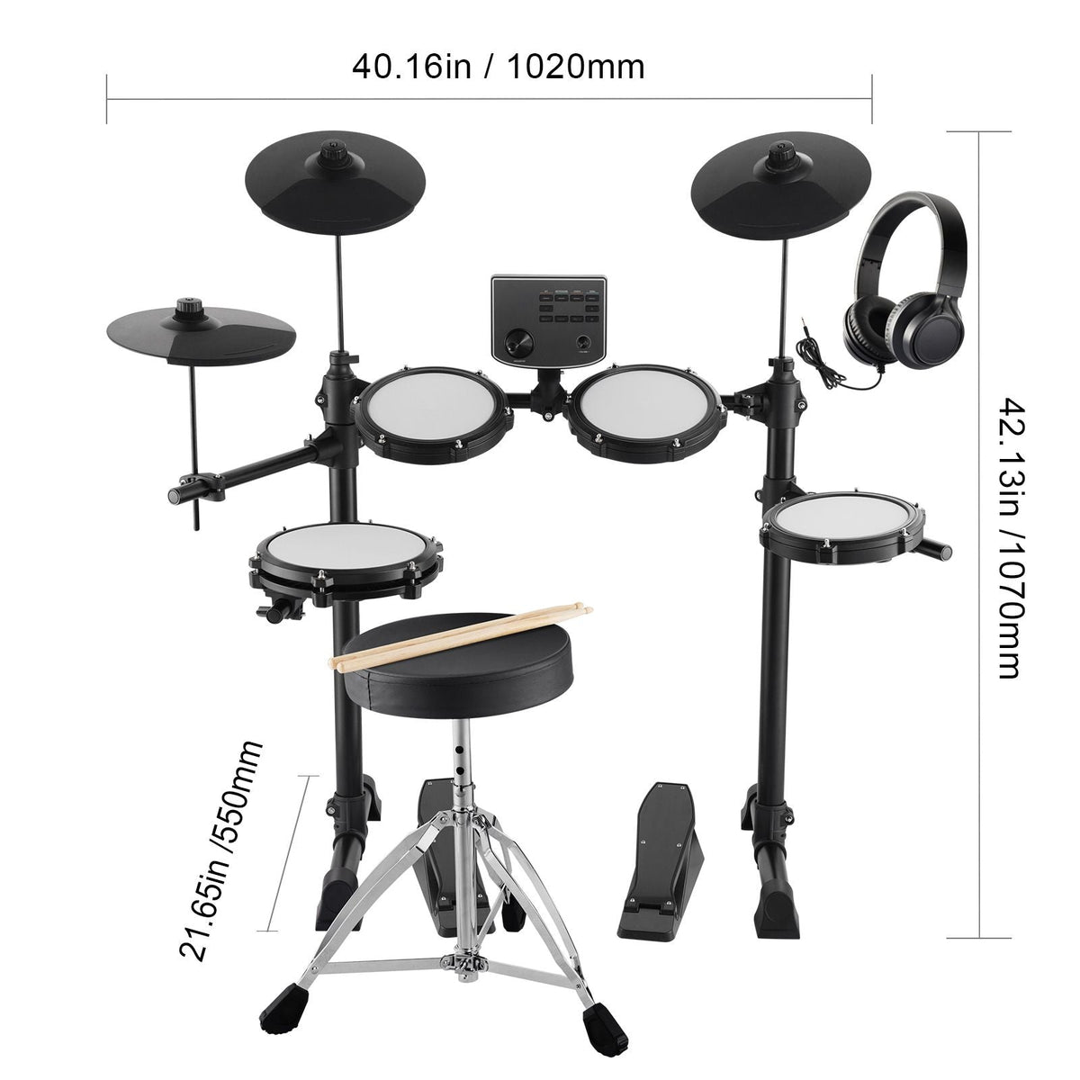 Electric Drum Set, 15 Drum Kits & 150 Sounds Electronic Drum Kit, USB MIDI Supported 8 in Quiet Mesh Snare Electric Drum Set with 10 in Cymbals Drum Sticks & Headphone, for Beginners & Adults
