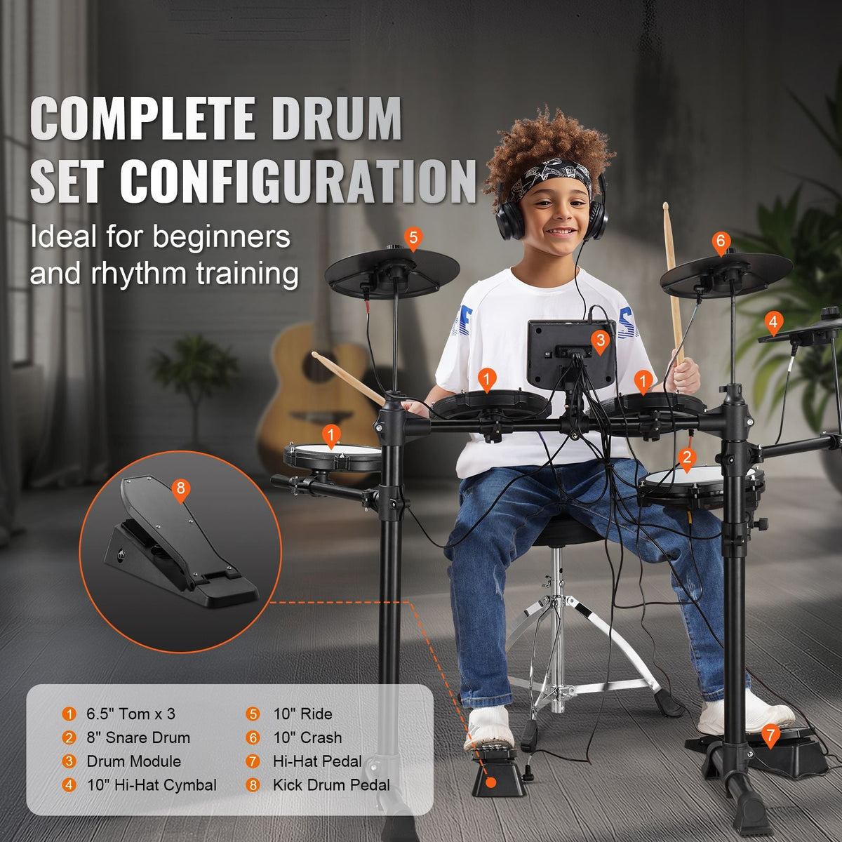 Electric Drum Set, 15 Drum Kits & 150 Sounds Electronic Drum Kit, USB MIDI Supported 8 in Quiet Mesh Snare Electric Drum Set with 10 in Cymbals Drum Sticks & Headphone, for Beginners & Adults