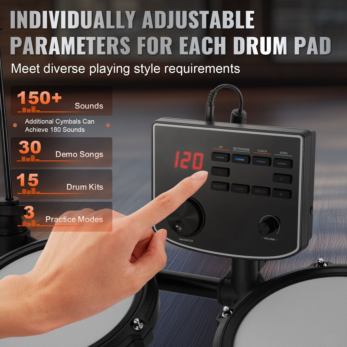 Electric Drum Set, 15 Drum Kits & 150 Sounds Electronic Drum Kit, USB MIDI Supported 8 in Quiet Mesh Snare Electric Drum Set with 10 in Cymbals Drum Sticks & Headphone, for Beginners & Adults