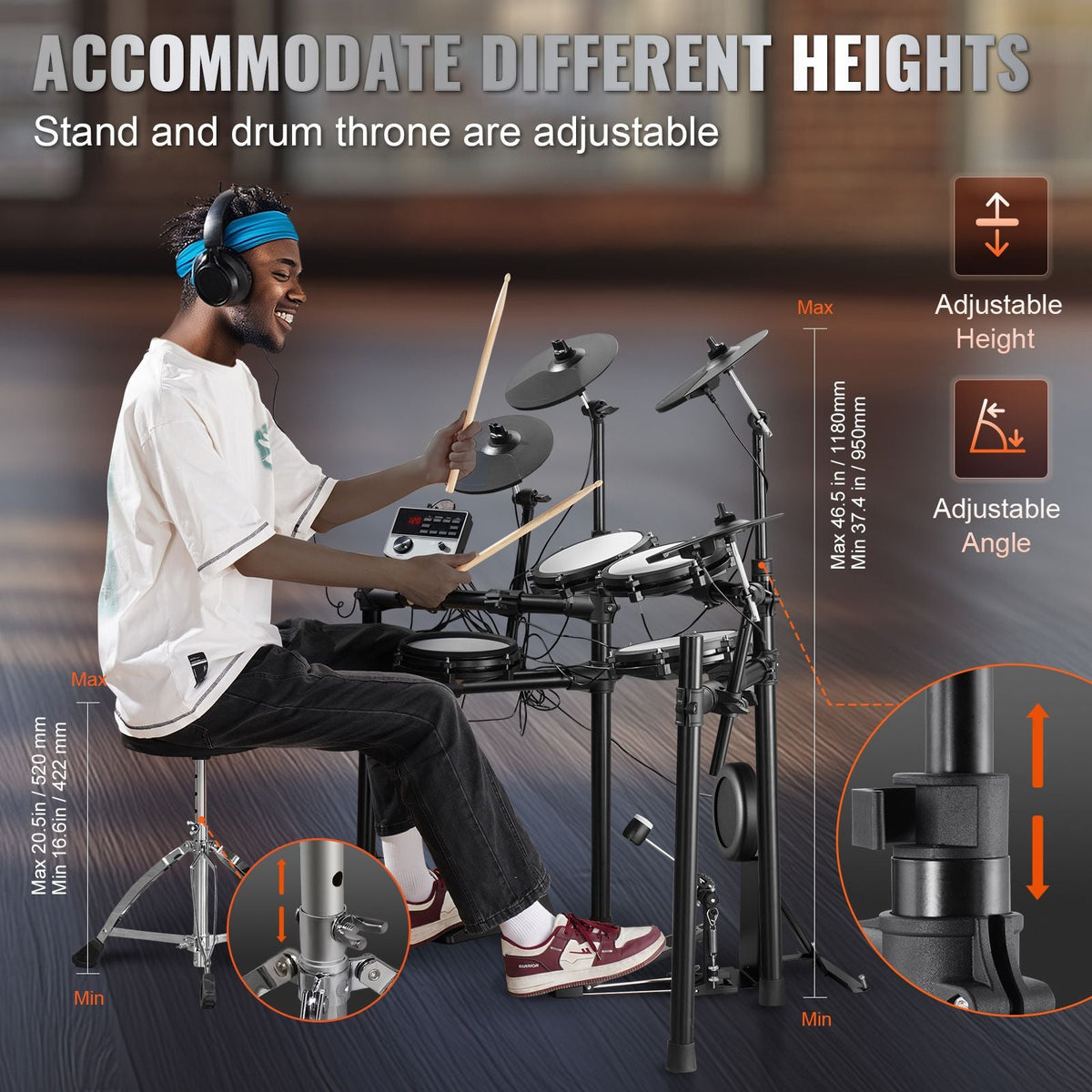 Electric Drum Set, 32 Drum Kits & 480 Sounds Electronic Drum Kit, USB MIDI Supported 8 in Quiet Mesh Snare Electric Drum Set with 10 in Cymbals Drum Sticks & Headphone, for Beginners & Adults
