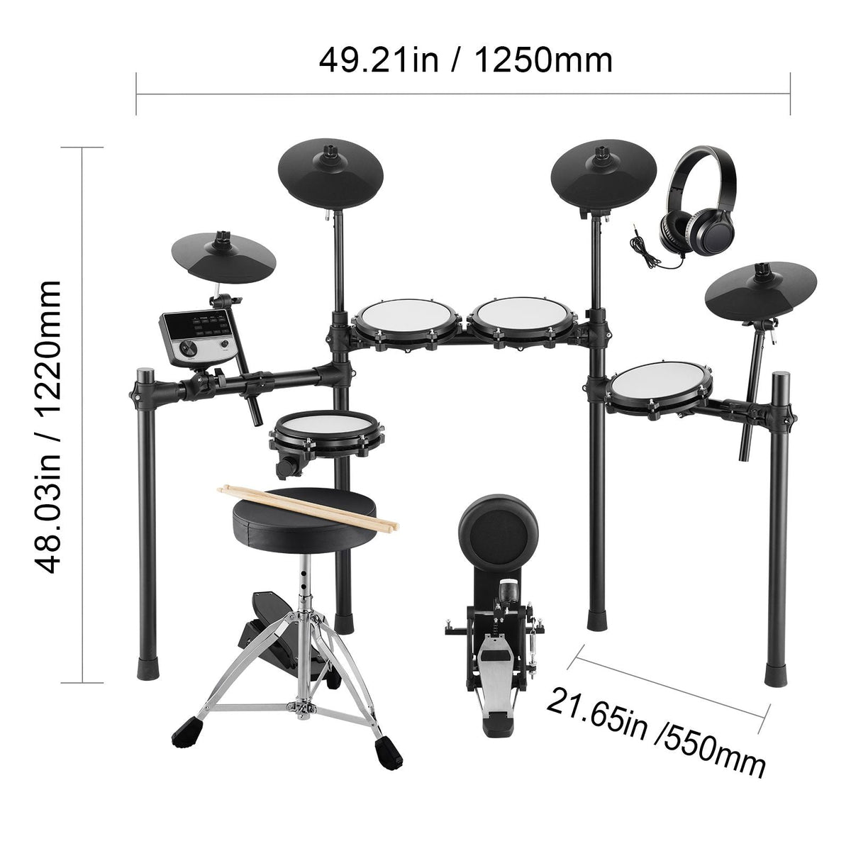 Electric Drum Set, 32 Drum Kits & 480 Sounds Electronic Drum Kit, USB MIDI Supported 8 in Quiet Mesh Snare Electric Drum Set with 10 in Cymbals Drum Sticks & Headphone, for Beginners & Adults