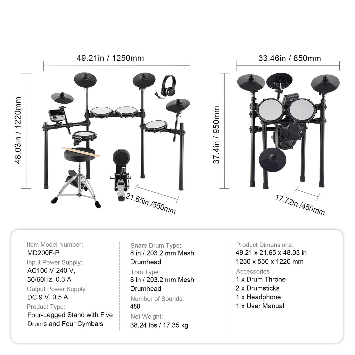 Electric Drum Set, 32 Drum Kits & 480 Sounds Electronic Drum Kit, USB MIDI Supported 8 in Quiet Mesh Snare Electric Drum Set with 10 in Cymbals Drum Sticks & Headphone, for Beginners & Adults