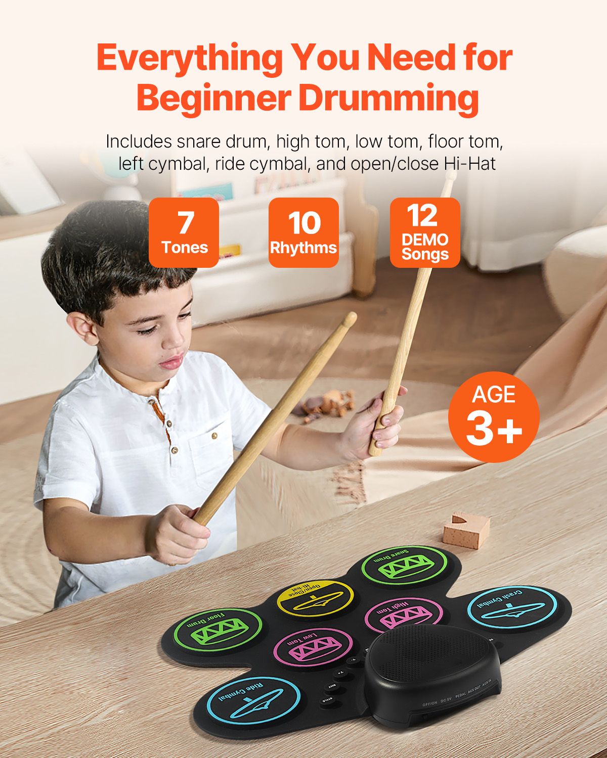 Electric Drum Set, 7 Pads, Roll-up Drum Practice Pad, Electronic Drumset with Headphone
