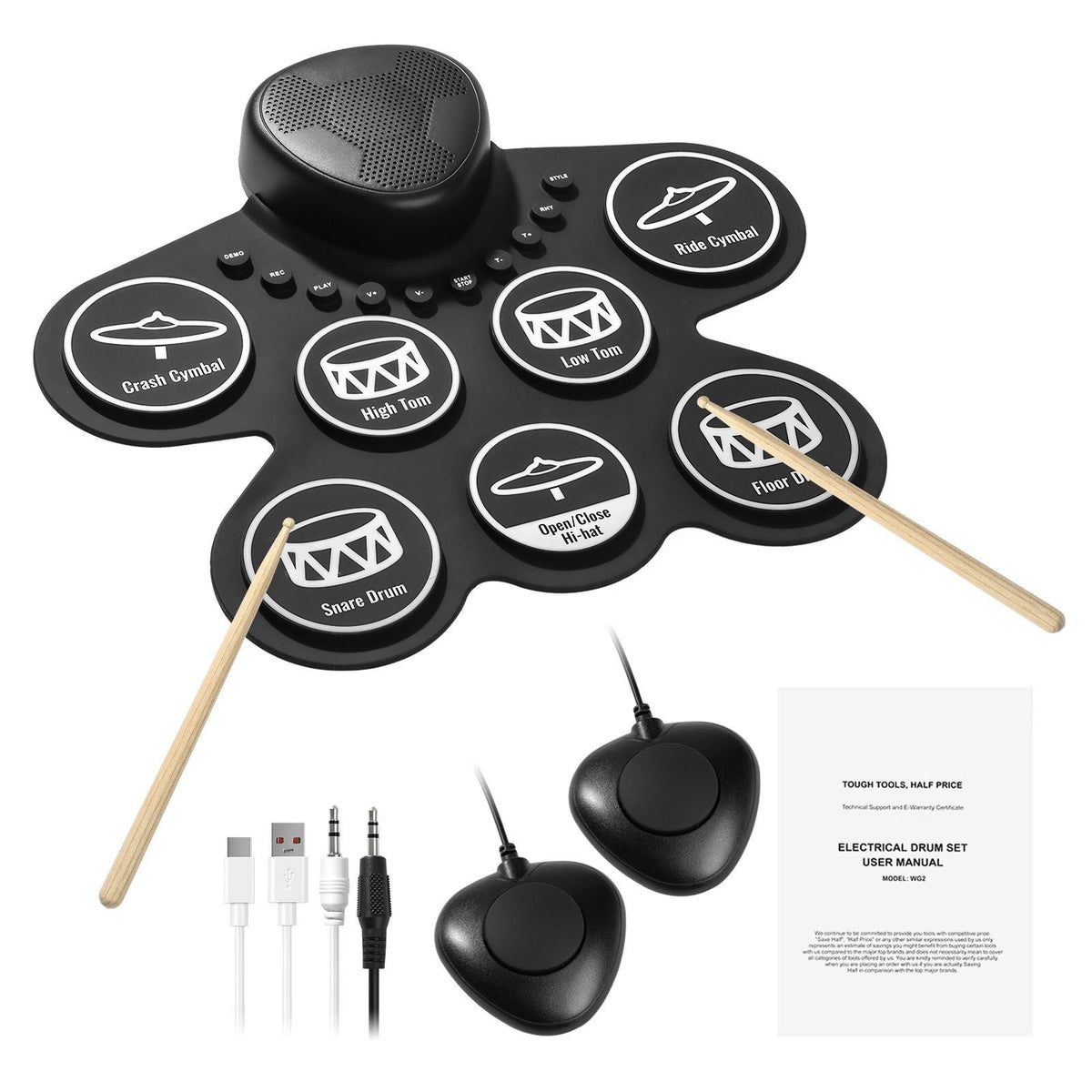 Electric Drum Set, 7 Pads, Roll-up Drum Practice Pad, Electronic Drumset with Headphone