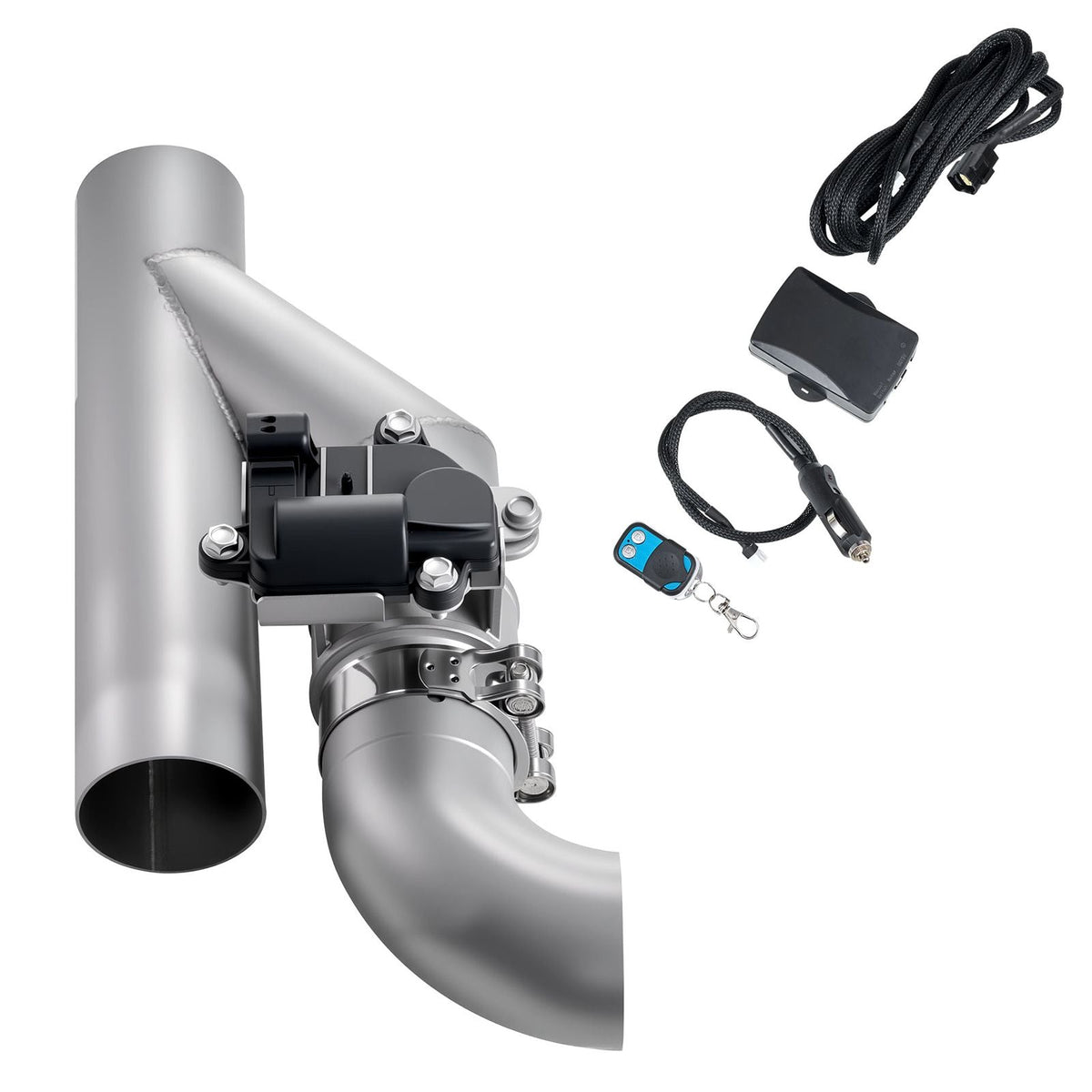 Electric Exhaust Cutout, 2.5 Inch Universal Stainless Steel Exhaust Valve Kit with One Controller Remote Kit, Cut Out Valve, Y Pipe, Remote Control & Box, Fits Trucks, Sedans, Sports Cars, SUVs