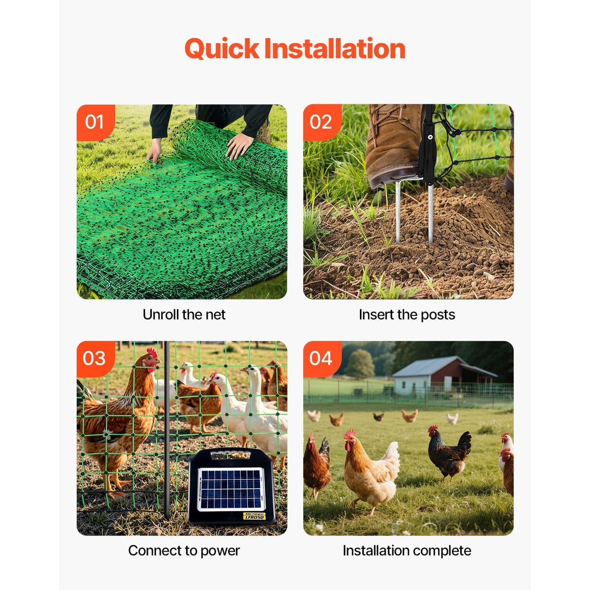Electric Fence Netting, 48" H x 100' L, PE Net Fencing Kit with Posts & Double-Spiked Stakes, Utility Portable Mesh for Chickens, Ducks, Geese, Rabbits, Used in Backyards, Farms, and Ranches