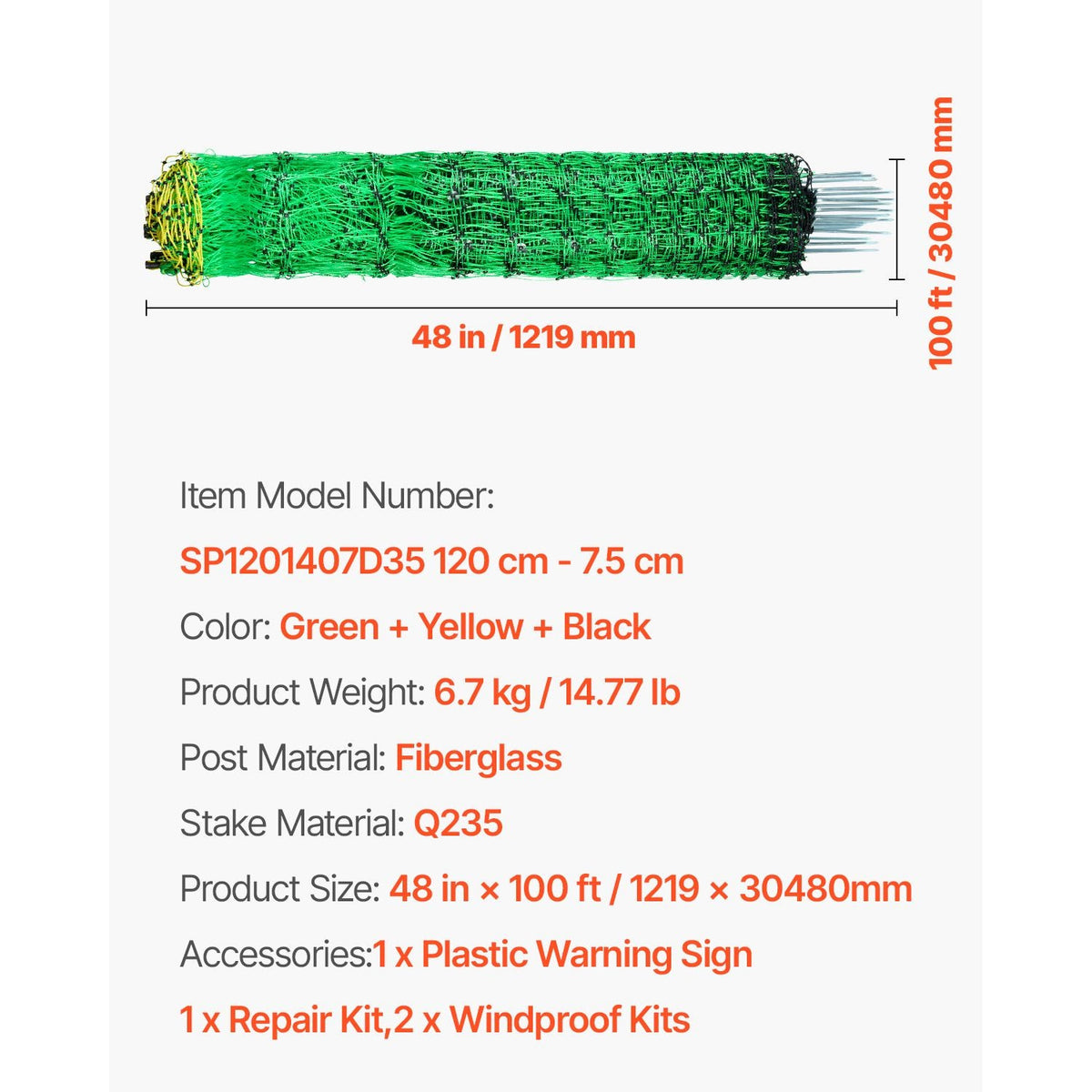Electric Fence Netting, 48" H x 100' L, PE Net Fencing Kit with Posts & Double-Spiked Stakes, Utility Portable Mesh for Chickens, Ducks, Geese, Rabbits, Used in Backyards, Farms, and Ranches
