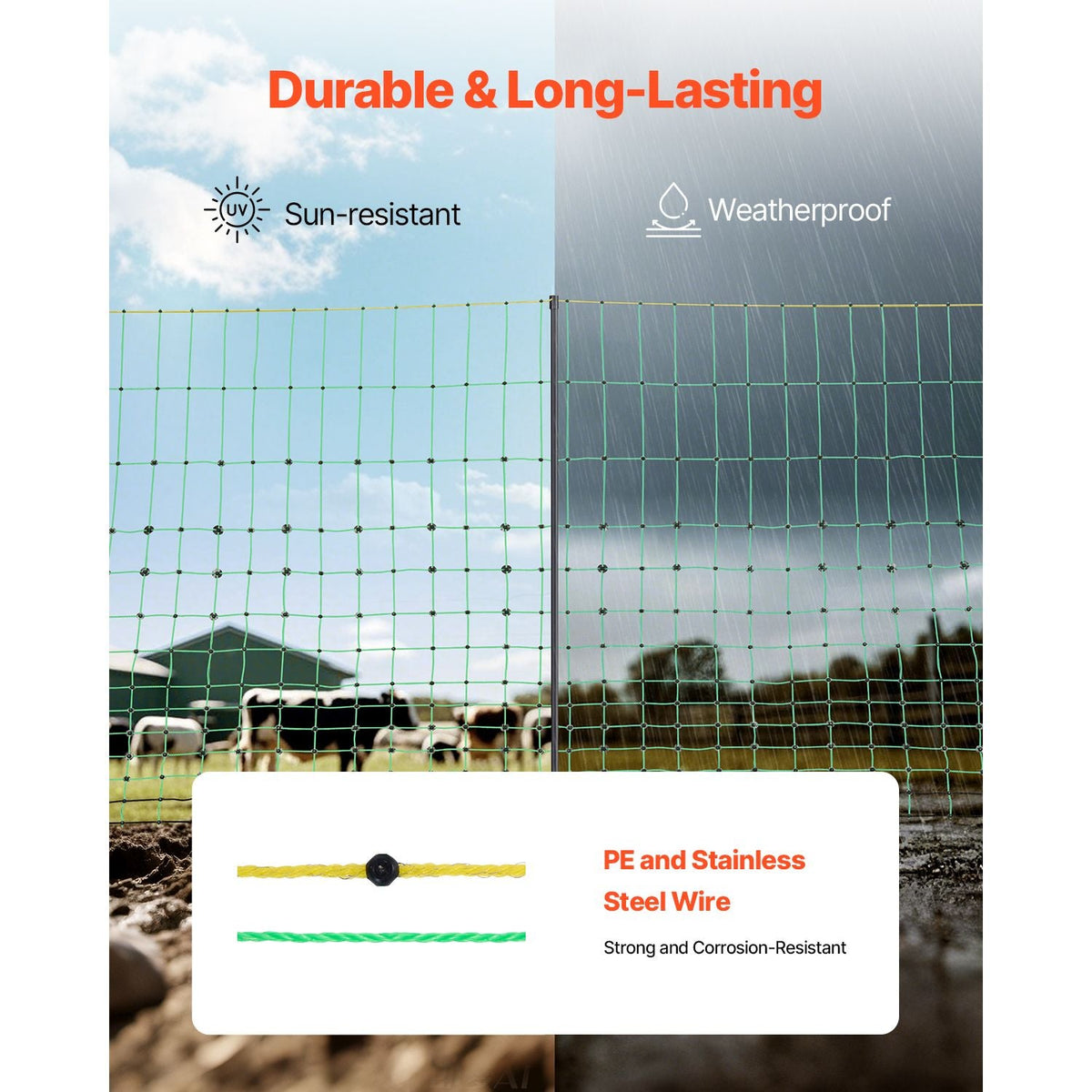 Electric Fence Netting, 48" H x 100' L, PE Net Fencing Kit with Posts & Double-Spiked Stakes, Utility Portable Mesh for Chickens, Ducks, Geese, Rabbits, Used in Backyards, Farms, and Ranches