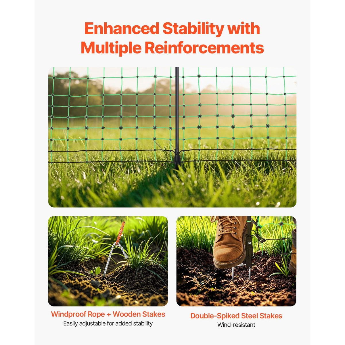 Electric Fence Netting, 48" H x 100' L, PE Net Fencing Kit with Posts & Double-Spiked Stakes, Utility Portable Mesh for Chickens, Ducks, Geese, Rabbits, Used in Backyards, Farms, and Ranches