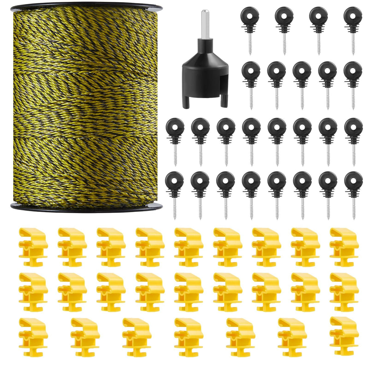 Electric Fence Wire, 1640Ft 500M Portable Polywire, 1/8" Diameter 6 Stainless Steel Strands, Fencing Rope Line with 25 Fence Insulators and 25 T-post Insulators, for Horse, Cattle, Livestock
