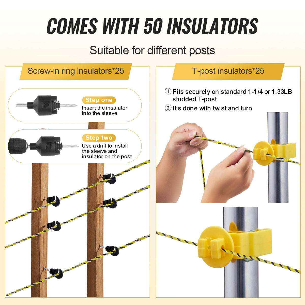Electric Fence Wire, 1640Ft 500M Portable Polywire, 1/8" Diameter 6 Stainless Steel Strands, Fencing Rope Line with 25 Fence Insulators and 25 T-post Insulators, for Horse, Cattle, Livestock