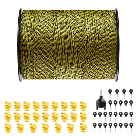 Electric Fence Wire, 1640Ft 500M Portable Polywire, 1/8" Diameter 6 Stainless Steel Strands, Fencing Rope Line with 25 Fence Insulators and 25 T-post Insulators, for Horse, Cattle, Livestock