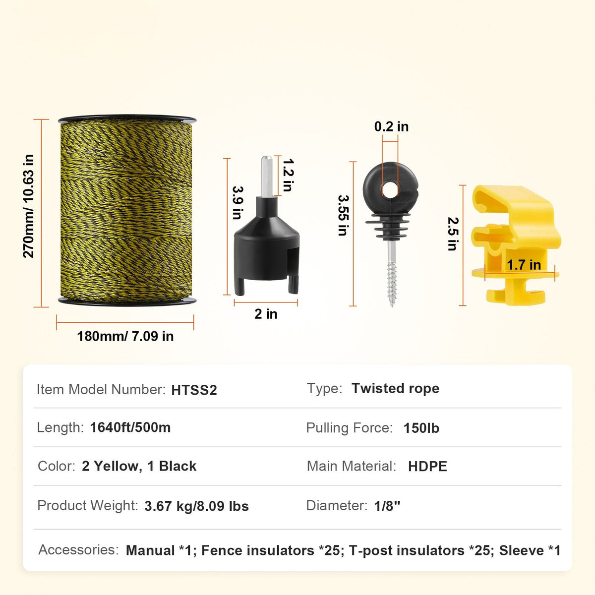 Electric Fence Wire, 1640Ft 500M Portable Polywire, 1/8" Diameter 6 Stainless Steel Strands, Fencing Rope Line with 25 Fence Insulators and 25 T-post Insulators, for Horse, Cattle, Livestock