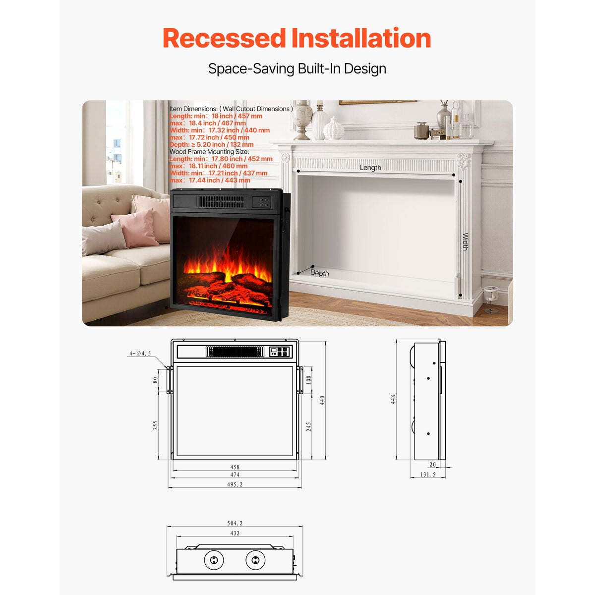 Electric Fireplace Insert, 18 inch Recessed and Wall Mounted with Adjustable 3 Flame Brightness Levels & 24h Timer & Remote Control, Indoor Heater w/ Overheat Protection, 5000BTU Black