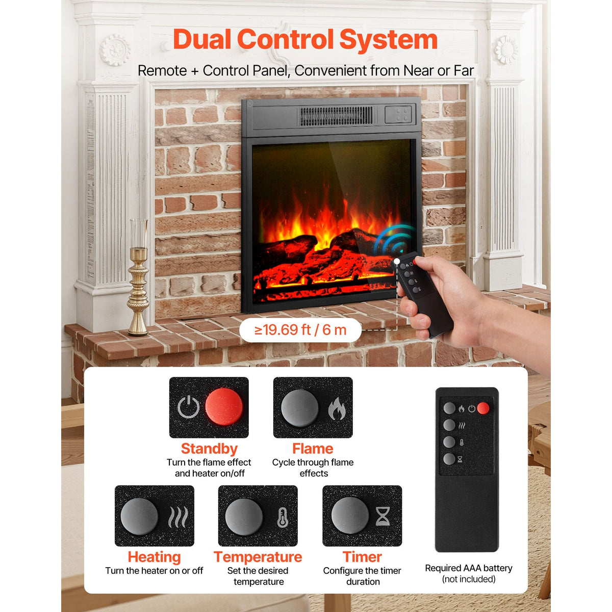 Electric Fireplace Insert, 18 inch Recessed and Wall Mounted with Adjustable 3 Flame Brightness Levels & 24h Timer & Remote Control, Indoor Heater w/ Overheat Protection, 5000BTU Black