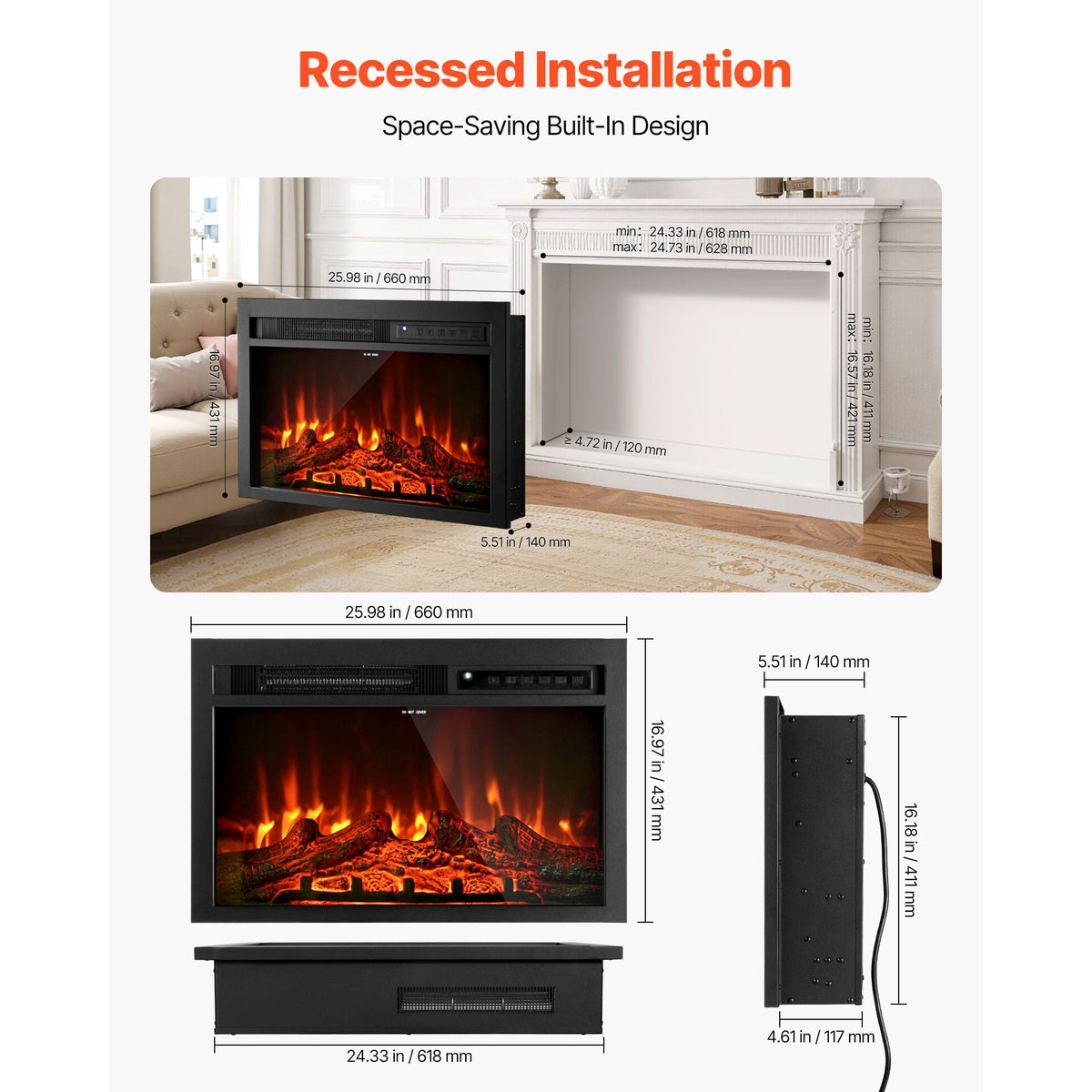 Electric Fireplace Insert, 26 inch Recessed and Wall Mounted with Adjustable Flame Color Brightness & 8h Timer & Remote Control, Indoor Heater w/ 750W/1500W Dual Heating Modes, 5000BTU Black
