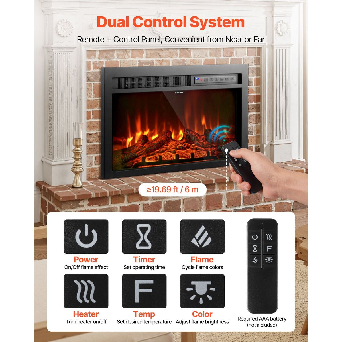 Electric Fireplace Insert, 26 inch Recessed and Wall Mounted with Adjustable Flame Color Brightness & 8h Timer & Remote Control, Indoor Heater w/ 750W/1500W Dual Heating Modes, 5000BTU Black