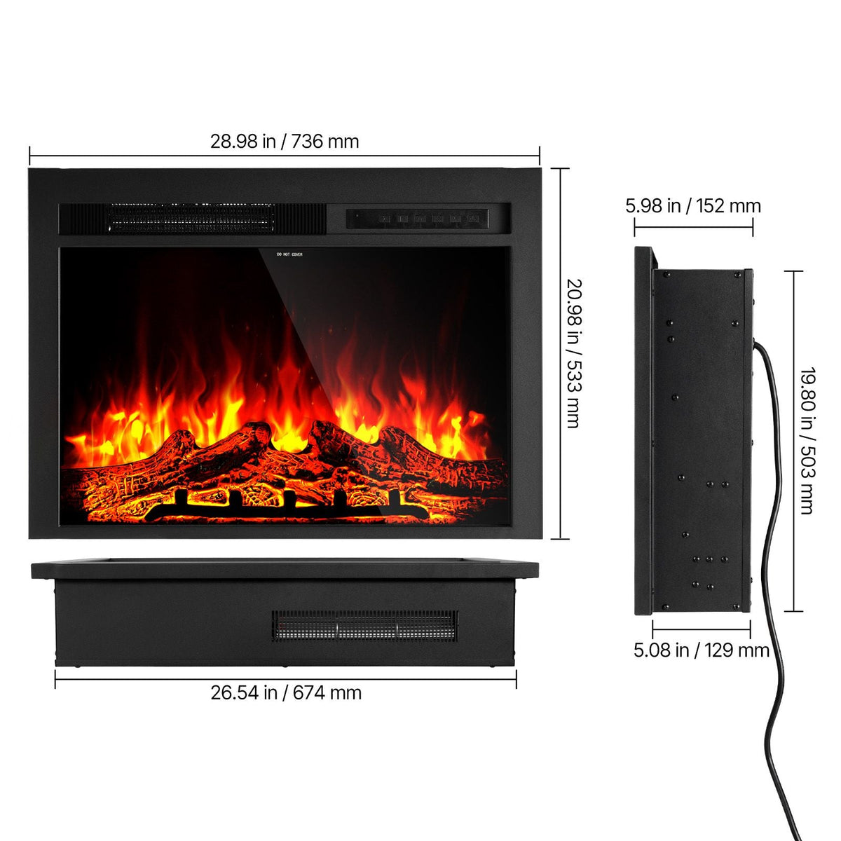 Electric Fireplace Insert, 28.5 inch Recessed and Wall Mounted with Adjustable Flame Color Brightness & 8h Timer & Remote Control, Indoor Heater w/ 750W/1500W Dual Heating Modes, 5000BTU Black